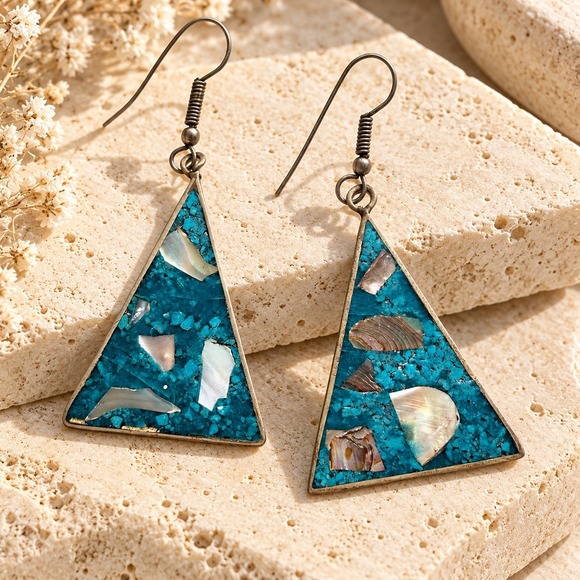 alpaca Jewelry - Vintage Turquoise Shell Inlay Earrings Mexico Southwestern Boho Triangle Dangle